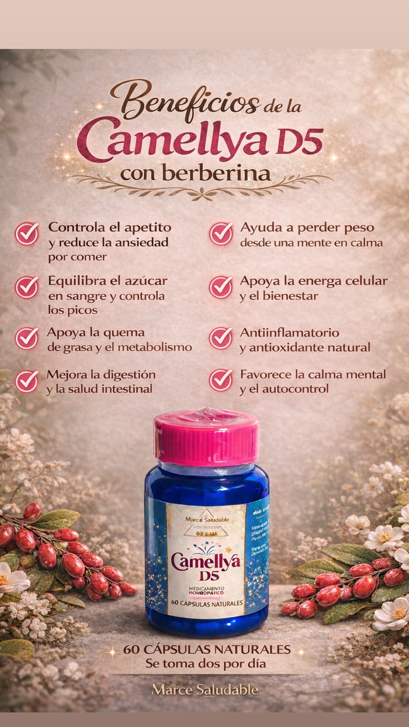 Camellya D5 –  oxidador de grasa natural baja medidas y grasa localizada , cuida parte ósea y muscular y concentración (no altera sistema nervioso )