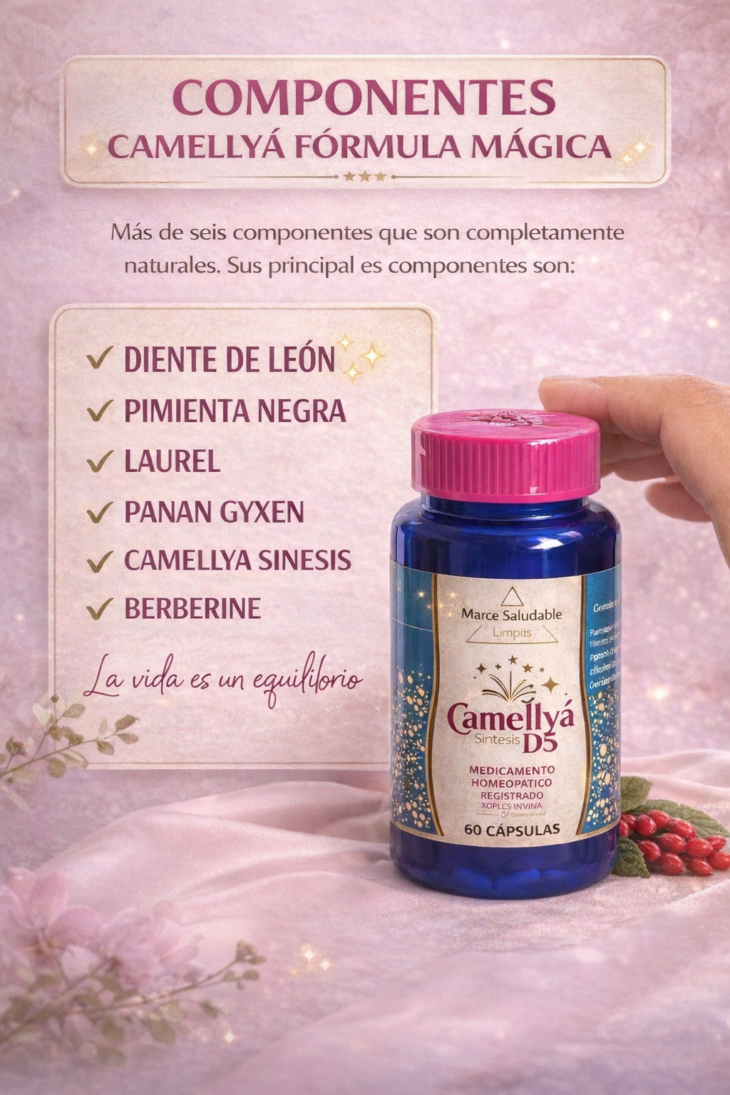 Camellya D5 –  oxidador de grasa natural baja medidas y grasa localizada , cuida parte ósea y muscular y concentración (no altera sistema nervioso )